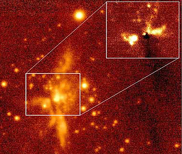 Stellar object 7427-2400, imaged by IRAS; inset show just the molecular hydrogen component made luminous by intense shock waves.